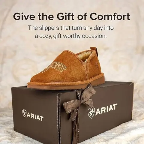 Ariat Men's Lasso Suede Chestnut Slipper 2838 - Wide Square Toe Faux Shearling Lining EVA Sole Western Style Comfort