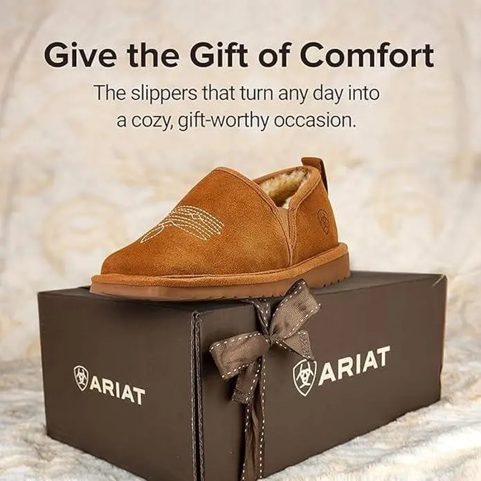 Ariat Men's Lasso Suede Chestnut Slipper 2838 - Wide Square Toe Faux Shearling Lining EVA Sole Western Style Comfort