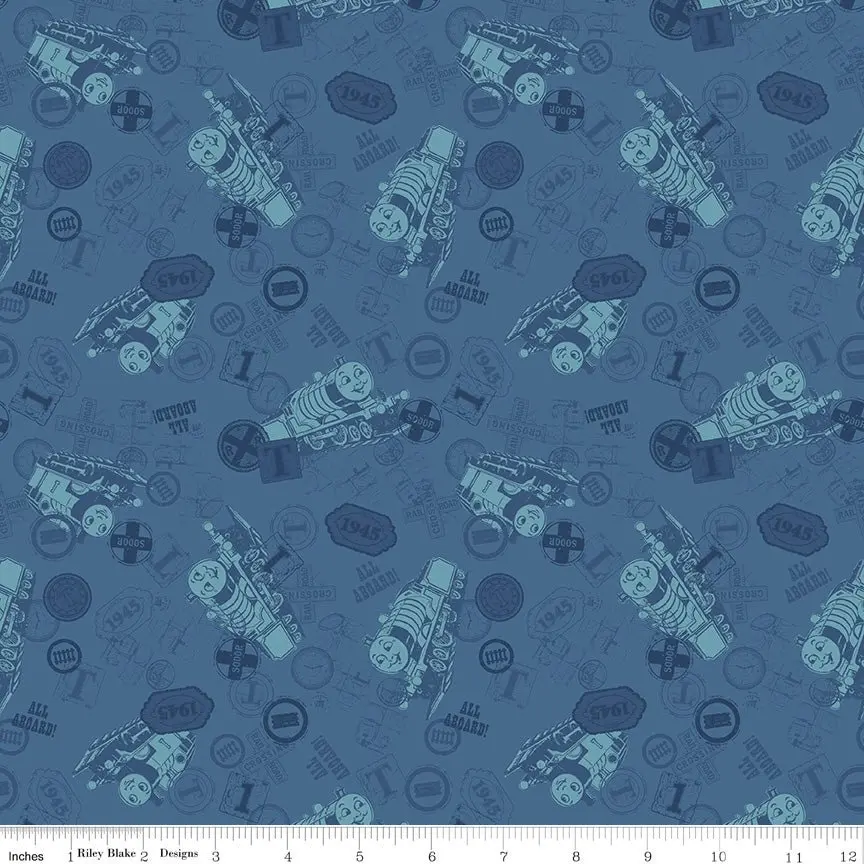 Thomas & Friends 80th Anniversary Tonal Toss Denim Fabric by the Yard or Fat Quarter | Riley Blake Designs