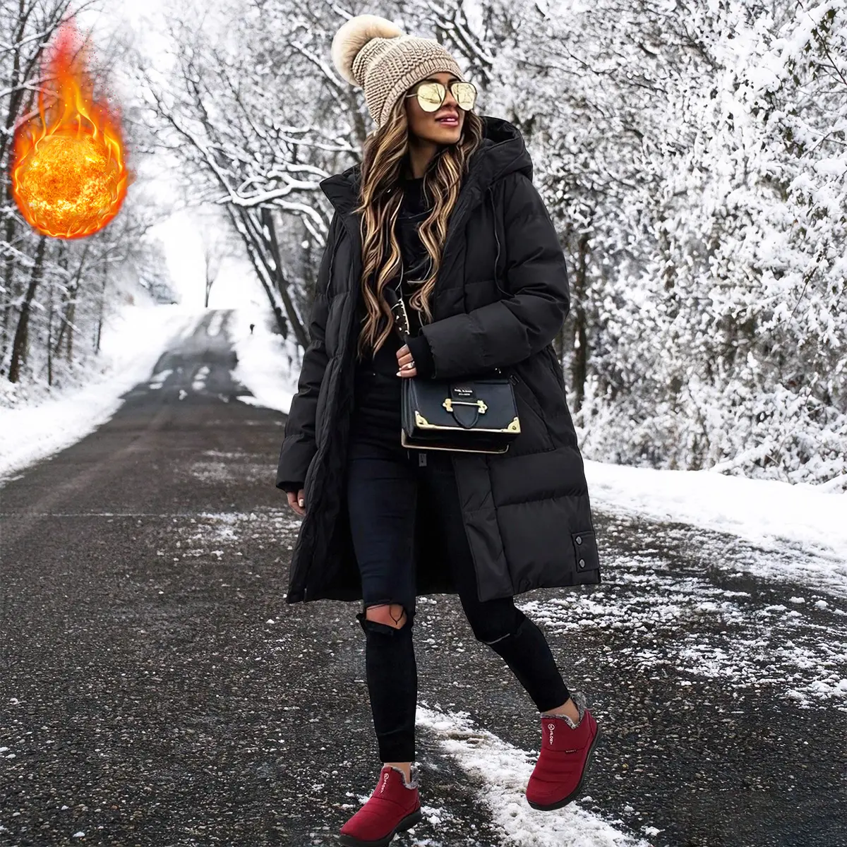 Women’s long down jacket, solid color, hooded cotton coat, suitable for everyday wear and outdoor activities in autumn and winter; women’s extended, thickened cotton outerwear, women’s tops, women’s clothing, womenswear
