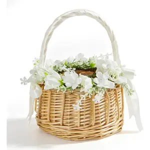 Wedding Flower Girl Basket, Small Wicker Basket with Artificial Flower Handle and Ribbon Bow, Cute Handwoven Rattan Basket for Wedding Baby Shower Home Garden Decor