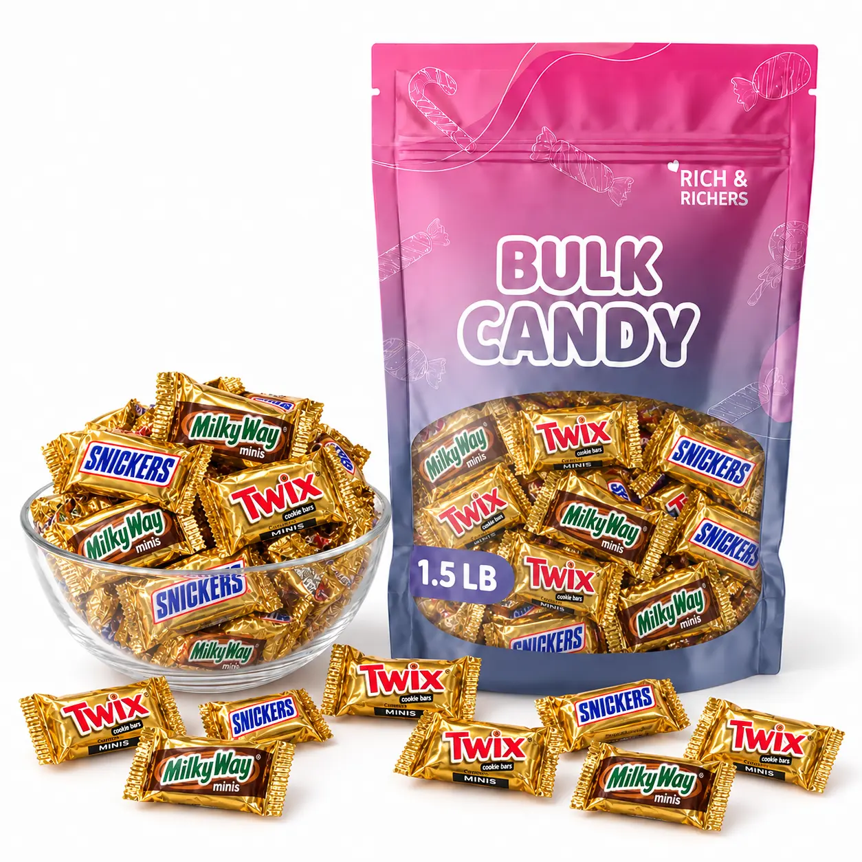 Snickers, Twix & Milky Way Minis Chocolate Snack Candy Bars - 1.5LB Bulk Pouch Bag - Halloween Trick-or-Treat Sweets