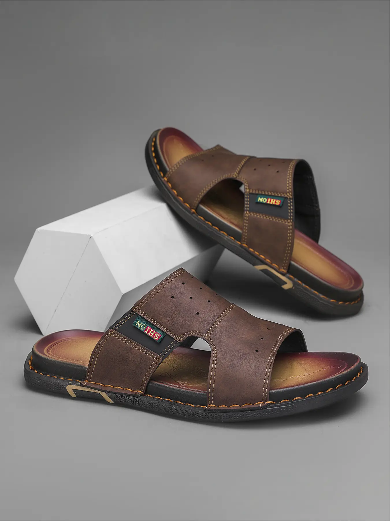 Men's Brown Hand-Stitched Slides: Breathable Hole Design, Summer Outdoor Beach Walking Sandals Footwear, Casual Beach Shoes