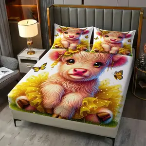 Cute Highland Cow Fitted Sheet Set (3 Pcs): Includes 1 Fitted Sheet + 2 Pillowcases (No Filler), with Holiday Floral Western - Style Cow, Bedroom Homestay Kids' Apartment Holiday Themed Room Bed, for Kids, Couples, Family, Friends, Animal Lovers Gift