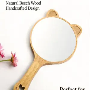 Cute Cat Ear Wooden Handheld Makeup Mirror, High-Definition Round Mirror, Portable Touch-Up Mirror, Desktop Decorative Makeup Mirror