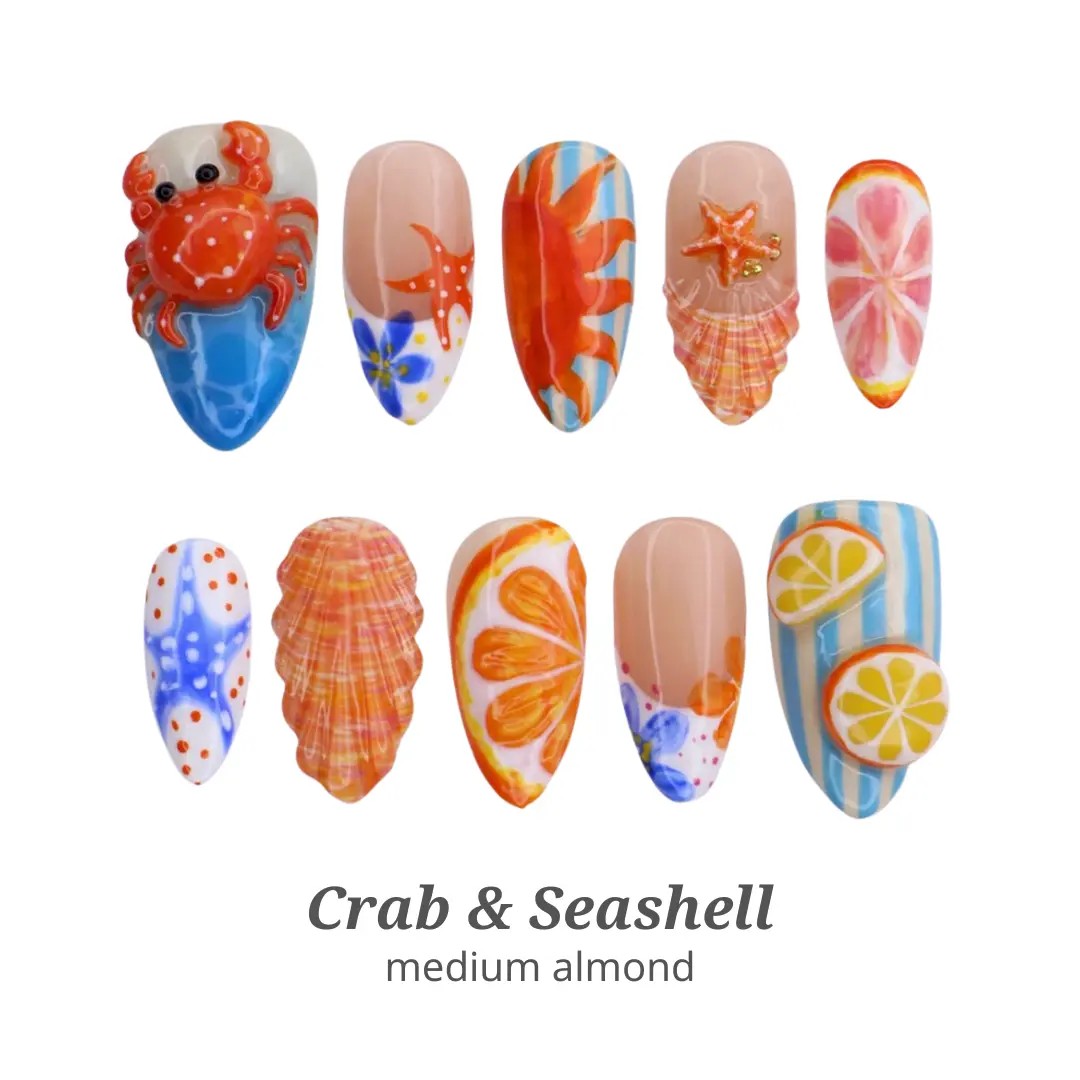 Lilynailsart | Crab & Seashell Press On Nails - Coastal Summer Beach Nails - Medium Almond