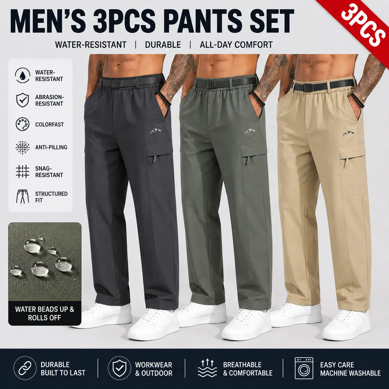 3-pack men’s loose, comfortable cargo pants with belt included; elastic waistband, multi-pocket casual design; waterproof/windproof/colorfast/no pilling/non-deformed/durable/stain-resistant/lightweight; straight-leg—essential for outdoor, casual, travel,