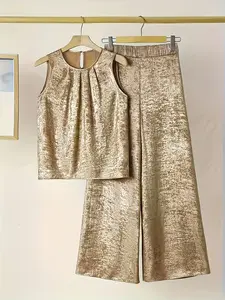 Summer New Sequined Sleeveless Top + Wide Leg Pants Set, Outfit, Elegant Lady Style Slimming Two-Piece, Casual Fitted Plain Design