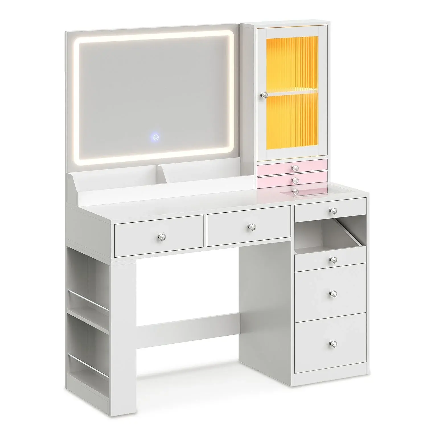 SIKAIC Modern Engineered Wood LED Vanity Table Set - Stylish, Color-Tuned, Full-Size, Drawer-Equipped White Makeup Vanity Desk with LED Mirror and Built-in Storage Cabinet, Stylish Makeup Vanities
