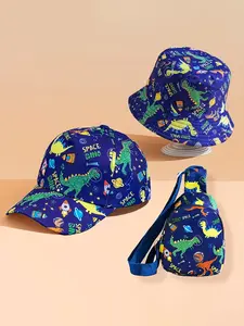 3PCS Kids Dinosaur Baseball Cap, Bucket Hat & Crossbody Bag Set, Cool Hats, Adjustable Outdoor Sun Shade Hat with Portable Foldable Shoulder Bag, Suitable for Boys Girls Back to School Fashion Outfits