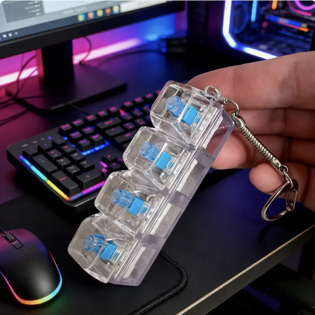 Unisex LED Light Transparent Crystal Mechanical Keyboard Keychain - Multifunctional Aesthetic Key Ring Accessory, Portable Stress-Relief Quirky Gift Keychain for Costume Jewelry Collections