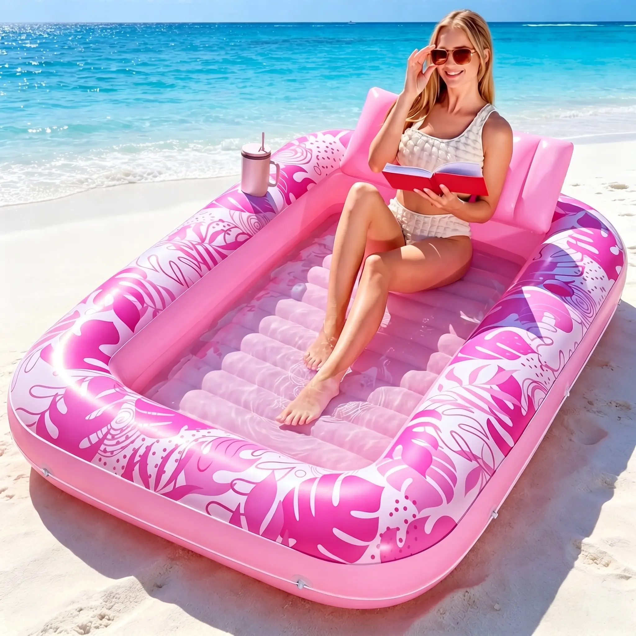 【FathersDayGift】Inflatable sunbathing pool lounger, 70"Lx46"W adult pool float mat with pillow, 4-in-1 inflatable sunbathing bathtub raft, inflatable pool party gift, water sunbathing bed lounger.