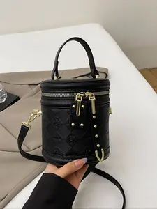 Pure Color Geometric Pattern Zipper Closure Cylinder Bag, Fashion Cute Versatile Handbag Shoulder Crossbody Bag for Daily Use Commute Crossbody Purses Bag