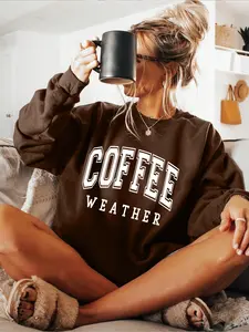 Women's Casual Loose-Fit Letter Print Sweatshirt, Thick Kint Fabric, Perfect for Spring & Fall, Versatile Home Wear Top