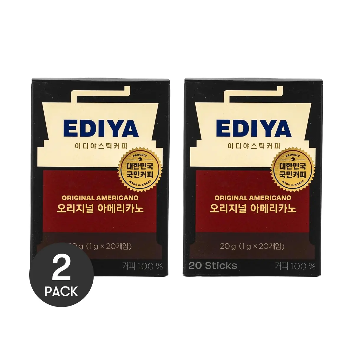 EDIYA Korean Zero Sugar Zero Fat Zero Calorie Classic Instant Black Coffee - 2 Packs, 20 Sticks Each, 20g/Pack