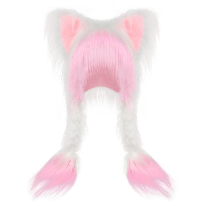 Main Character Energy Faux Fur Animal Ear Hat with Braids Y2K Aesthetic Plush Beanie Kawaii Cosplay Accessory Trendy Gift Idea for Her Christmas Birthday Valentine's Day Anniversary Spring Winter Fall Streetwear Festival Essential Coquette Core Vibes