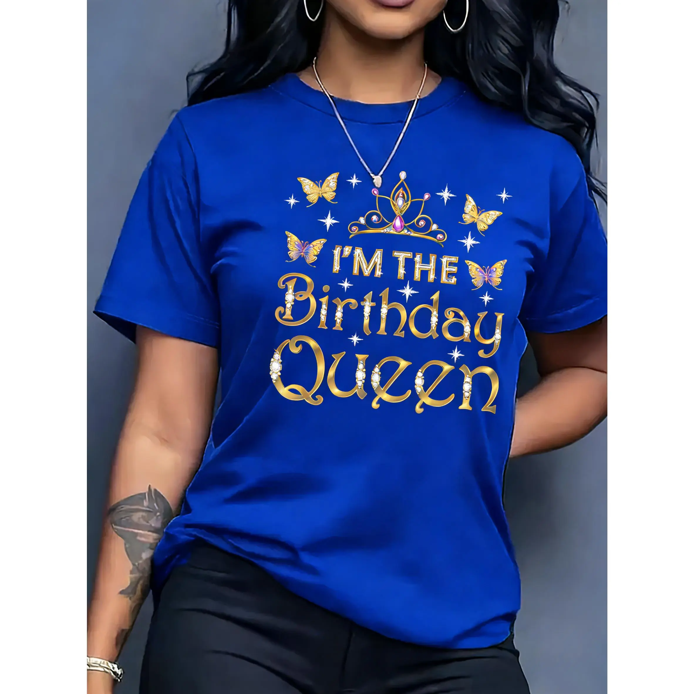 100% Cotton, Women's Casual, Comfortable and Versatile, Multi-Color Optional, Birthday Queen Pattern Printed T-shirt, Short Sleeve Casual Crew Neck Top, Spring and Summer Women's Clothing