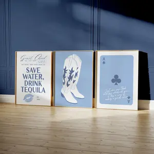 Set of 3 Blue Aesthetic Posters No Frame, Western Home Decor, Lucky Girl Playing Card Poster, Funny Drinking Bar Cart Decor, Cowgirl Boots Wall Art