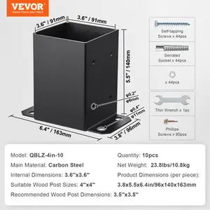 VEVOR 4x4 Post Base 10 Pcs, Inner Size 3.6x3.6 Post Base Brackets, Heavy Duty Powder-Coated Post Anchor Matte Black Wood Post Brackets for Pavilion Deck Railing Support Deck Base Plate