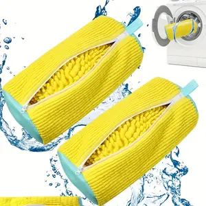 2pcs Durable Shoe Bags, Single Shoe Washing Machine Bags | Yellow with Blue Zipper Oval Laundry Bags, Filled with Plush And Chenille Fabric to Reduce Noise, Elastic Nylon Zippers Suitable for Sneakers And Casual Shoes, Laundry Products