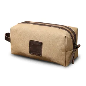 MUJI - style retro toiletry bag | Thickened canvas + dark brown leather decoration | Minimalist carry - on organizer for separating and storing mobile phones, wallets and keys