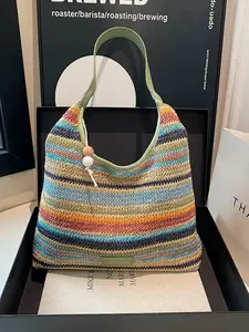 Fashionable Casual Boho Style Crossbody Colorful Striped Straw Shoulder Bag For Women Summer Beach Tote Crossbody Bag Crossbody Crochet Bags Fashionable Bohemian Bag