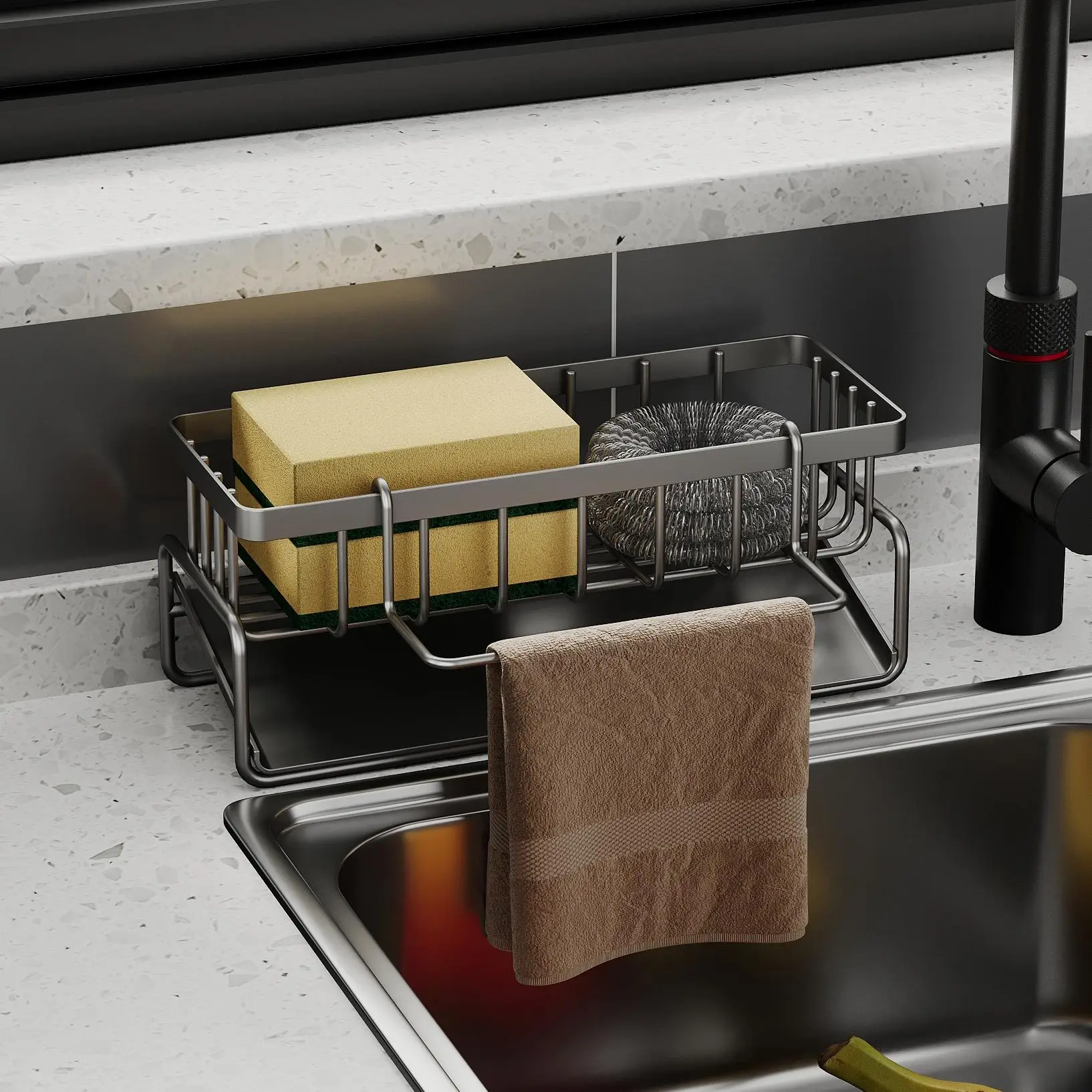 Kitchen Sink Drain Rack with Towel Pole, Carbon Steel Sponge Holder, Multifunctional Storage Rack for Kitchen Bathroom, Summer for Gift