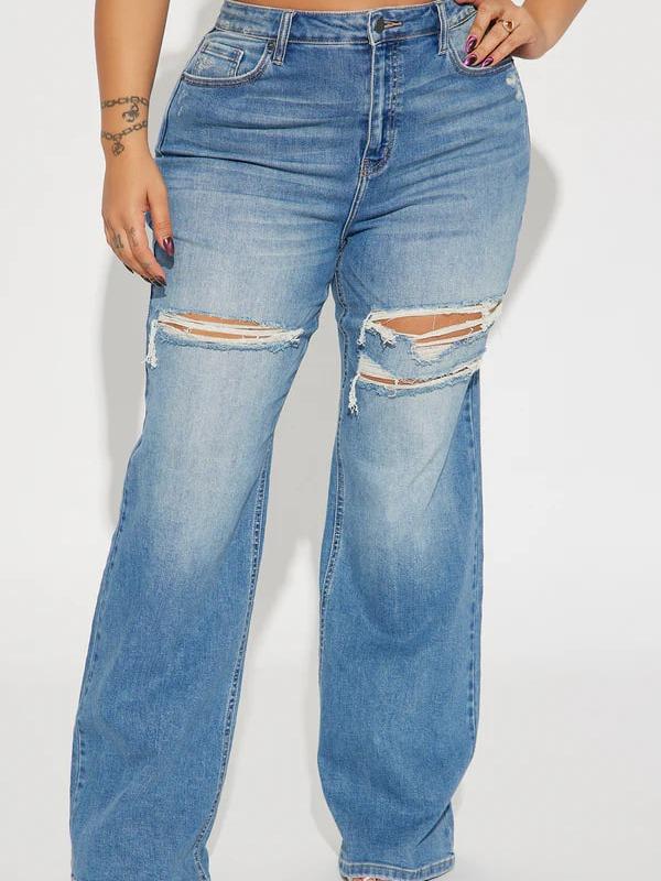 Remi Ripped Stretch Baggy Jeans - Medium Wash