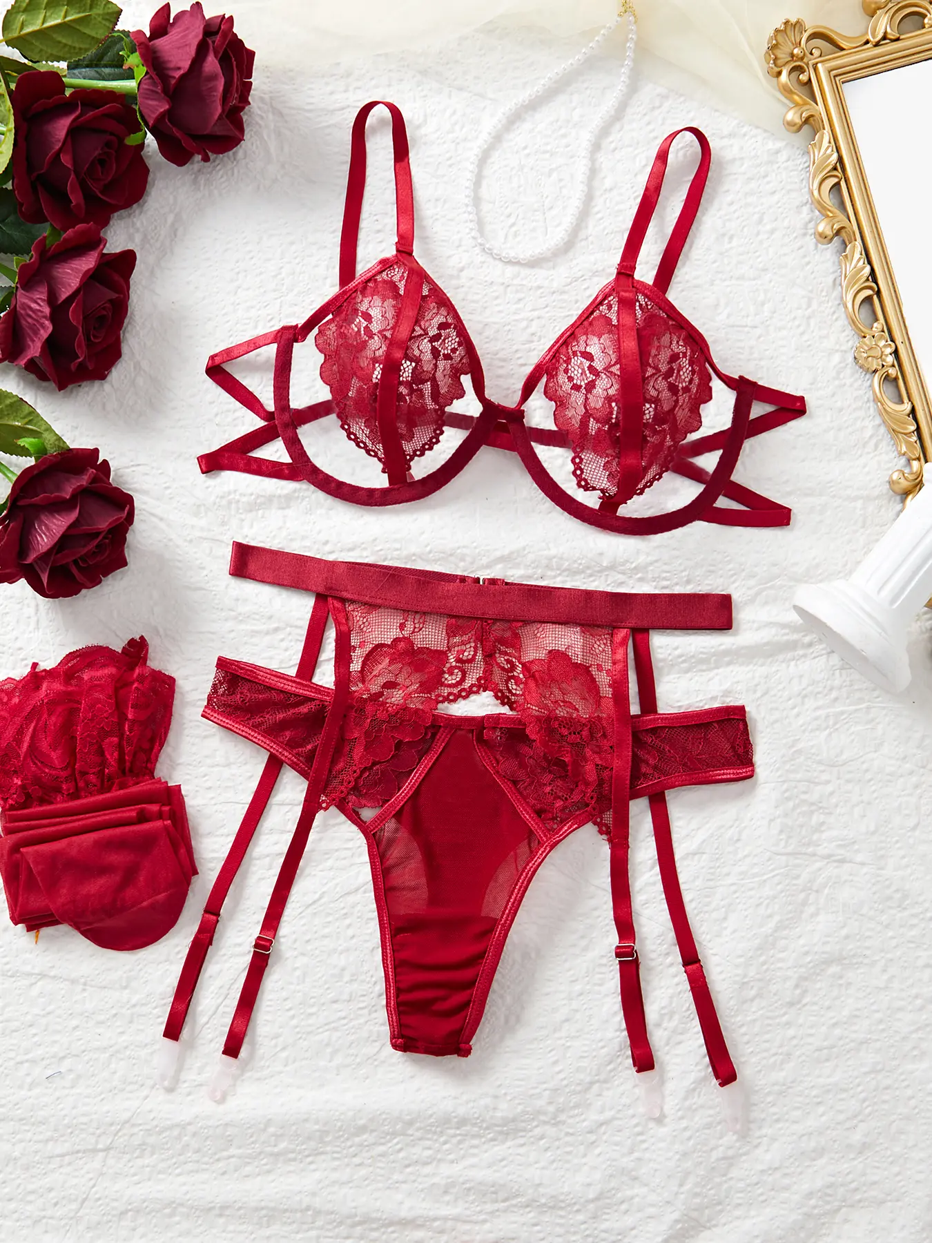 Valentine's Day special edition sylvia  lingerie  bow  set Elegant women's transparent floral lace (with steel rims, thongs, and garters)bra romantic comfy adult lingerie strappy bra spicy hot sexy  Halloween Seamless Panties Minimalist lingerie set