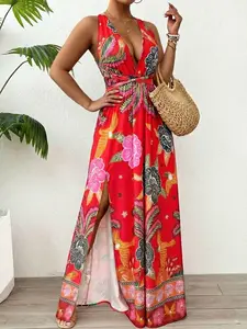 Plus Size Floral Halter Dress High Slit Design, Summer Vacation Party Wear, Fitted All over Print, Women's Fashion
