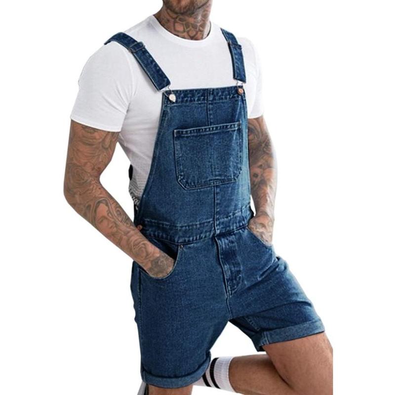 Beotyshow Mens Denim Shorts Bib Overall Jean Romper Casual Loose Fit Walkshort Button Pockets Summer Jumpersuit Fashion Menswear