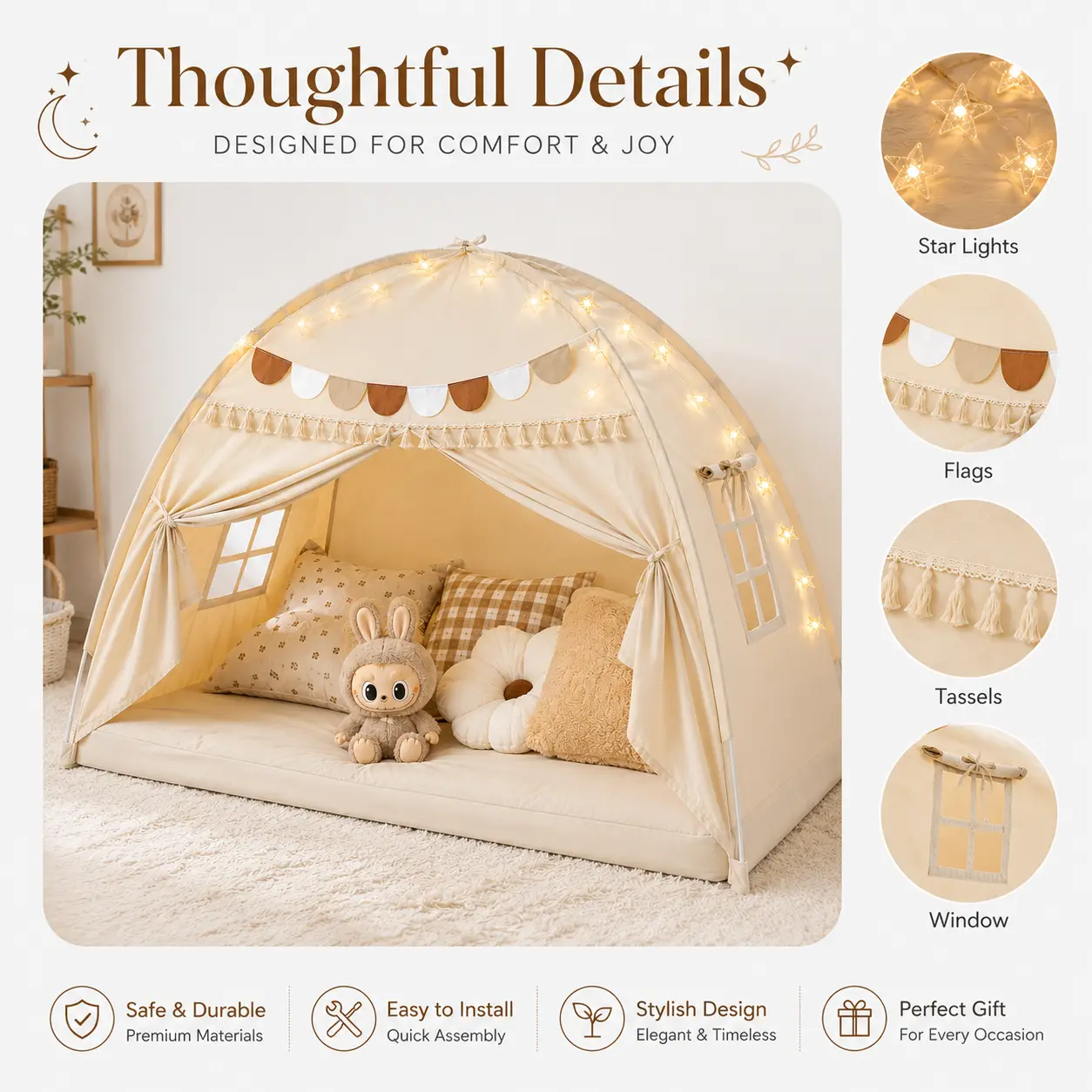 Pop-Up Bed Tent for Kids Twin Bed, House-Shaped Polyester Light-Blocking Canopy with Starlight Headliner and Pennants for Sleepovers and Indoor Fun