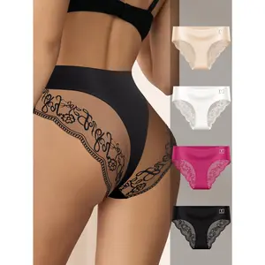 QUASTI 4PCS Women's Mid-Rise Lace Skin-friendly Ladies Thongs Underwear, Lightweight Soft Seamless High Elasticity Briefs for Women Girlfriend's Gifts, Fashionable Elegant Mix Colors Panties, S-XXL