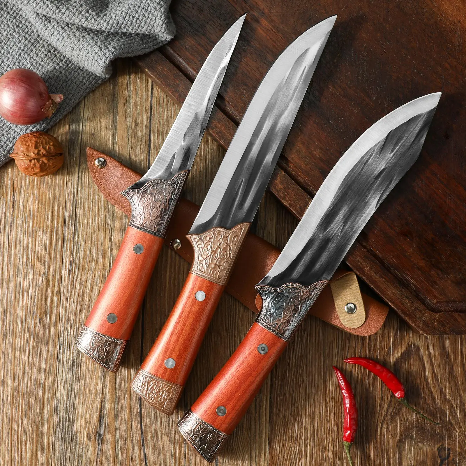 3pcs Stainless Steel Knives Kitchen Set (Kitchenware) - Multi-Purpose Sharp Rustproof, Thick Steel Body, Regrind-Long-Lasting Edges, Includes Boning, Carving, Meat-Cutting Blades, Fixed-Blade Accessories, Wood Cover for Fine Slicing & Daily Use