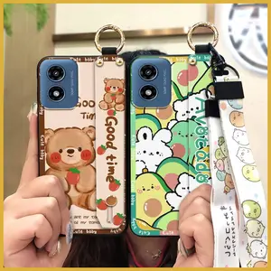 Dirt-resistant Cute Phone Case For MOTO G Play 2024/4G/5G Wristband Phone Holder Fashion Design Durable Soft case Silicone Cartoon Anti-dust Shockproof ring Back Cover Lanyard