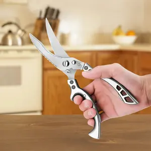 These kitchen shears are extremely versatile and ideal for cutting meat, turkey, fish, and vegetables; they feature non-slip handles and a safety lock; they are dishwasher-safe; and their handles are ergonomically designed.