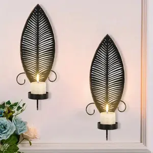 Rustic Metal Wall Sconces, 2pcs Candle Holder Set with Leaf Design, Farmhouse Decor, Home Decor for Living Room, Bedroom, Hallway