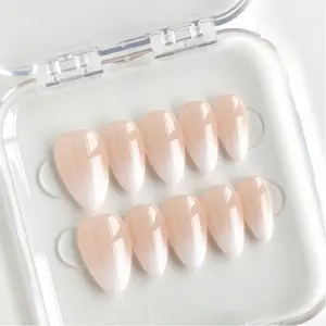 10pcs Handmade Press On Nails Acrylic - Short Almond Light Pink to White Gradient French Tip Nails, Handcrafted Smooth Glossy Finish Decor Elegant Minimalist Style, for Daily Wear & Office with Jelly Glue & Nail File