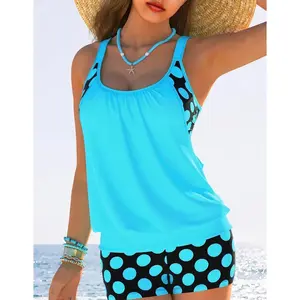 Plus Size Colorblock Patchwork Polka Dot Print 2 in 1 Tankini 2 Piece Set, Plus Adjustable Strap Scoop Neck Swim Top & Swim Shorts, Women's Plus Swimsuit for Summer Beach Holiday Vacation, Tankiniswimwear, Tankini Swimsuits Women, Tankini With Shorts