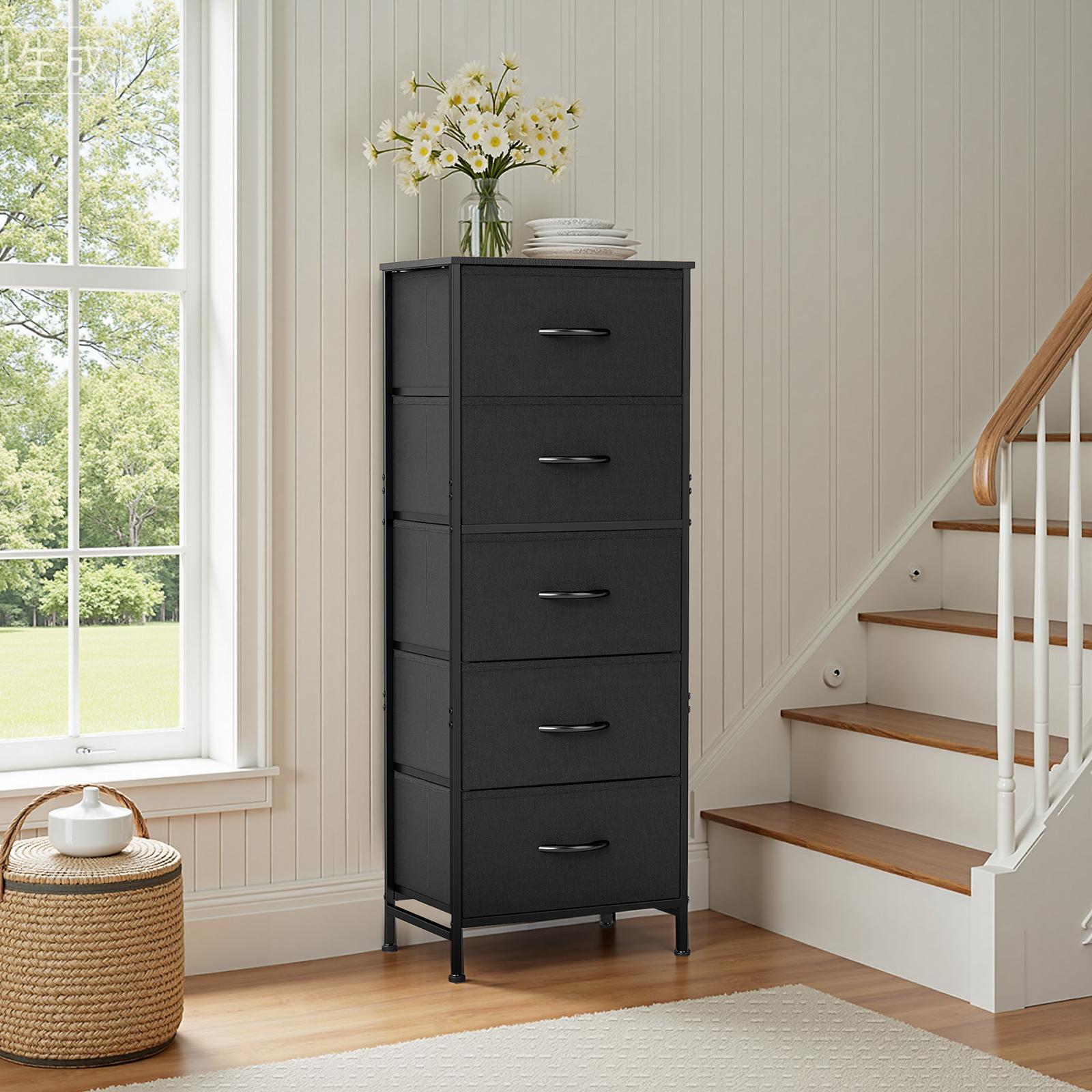 Nightstand with 5 Drawers, Bedside Table with Removable Fabric Bins, Sturdy Steel Frame Wood Top Skinny Dresser   cabinet  for Bedroom Closet Living Room, Black