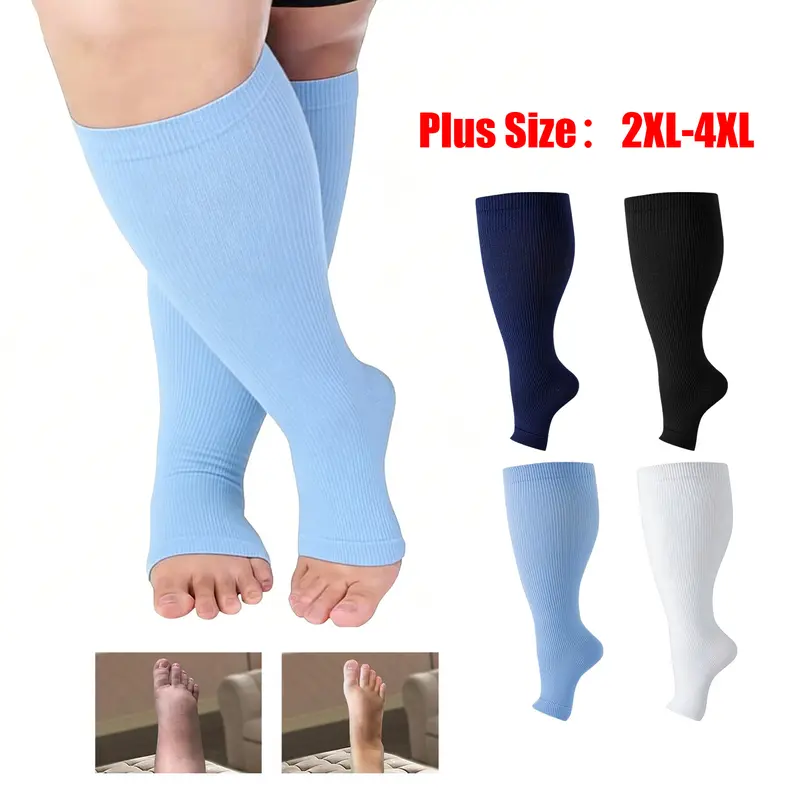 Women's Plus Size Comfortable 15-20mmHg Open-Toe Knee-High Stretchy Compression Socks - Soft, Breathable Fabric, Varicose Vein Care, Edema Relief - Activewear Sportswear for Day Use, Sports Support