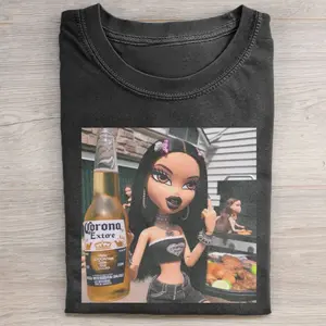 Bratz Doll Backyard BBQ Corona Beer Graphic T-Shirt, Bad Girl Summer Meme Funny Parody Shirt, Y2K Dollcore Party Aesthetic Tee, Unisex Cotton Crewneck T-Shirt Menswear Womenswear Streetwear Top