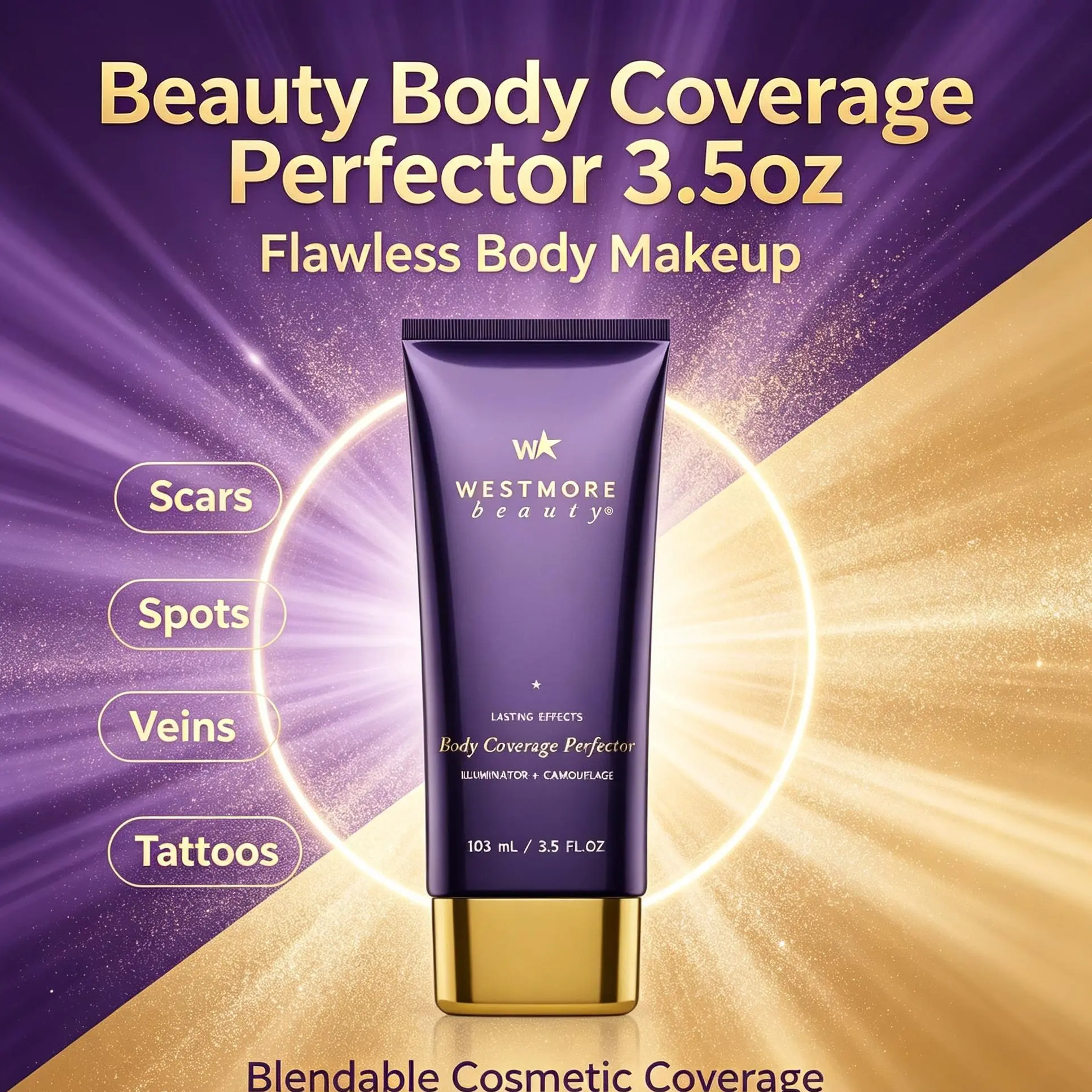 Beauty Body Coverage Perfector 3.5oz + XL Buffer Brush | Full Coverage Body Makeup for Tattoos, Scars, Veins & Spots