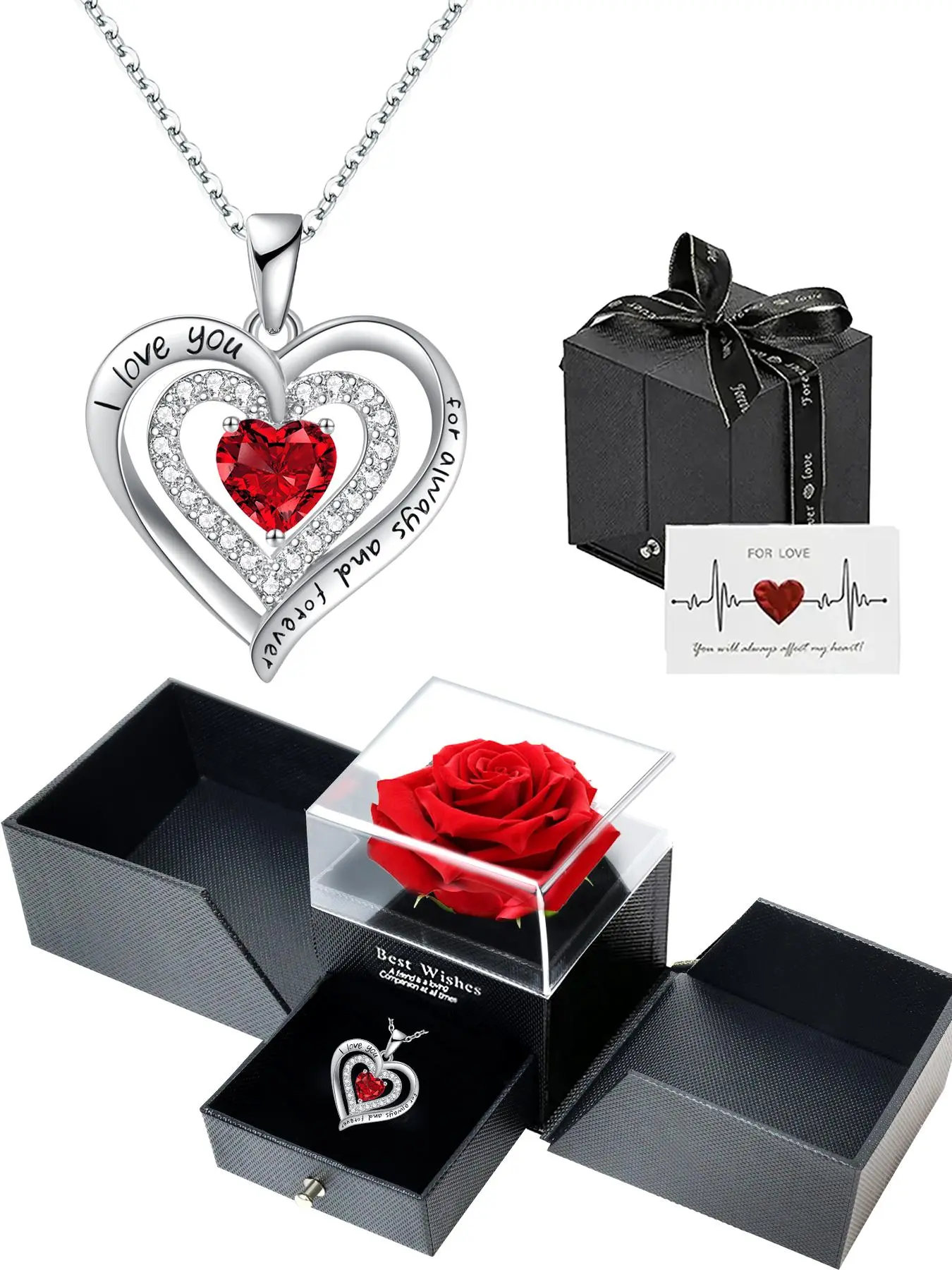 Inscribed heart necklace and rose bouquet gift box, Heart Design Necklace, suitable for women, jewelry with birthstone pendant, suitable for birthday, anniversary gift, Exquisite Jewelry Gift