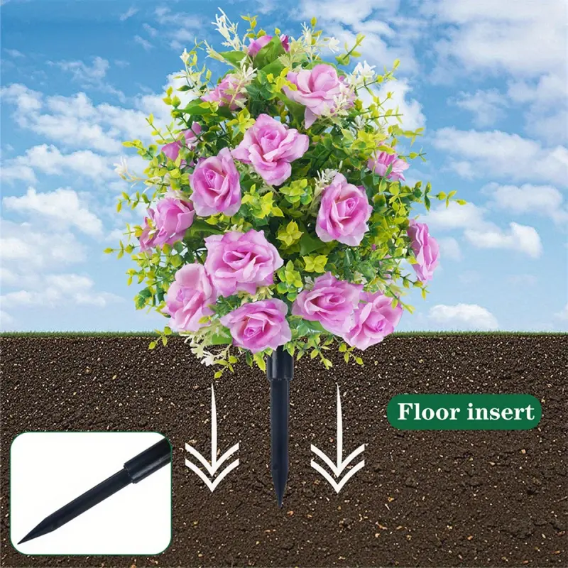 Artificial rose shrub border - Detachable garden stakes - UV-resistant realistic plastic flowers, colorful outdoor garden and porch decoration suitable for lawns, flower beds and party home decorations, realistic green plants for decoration, Fake Plant