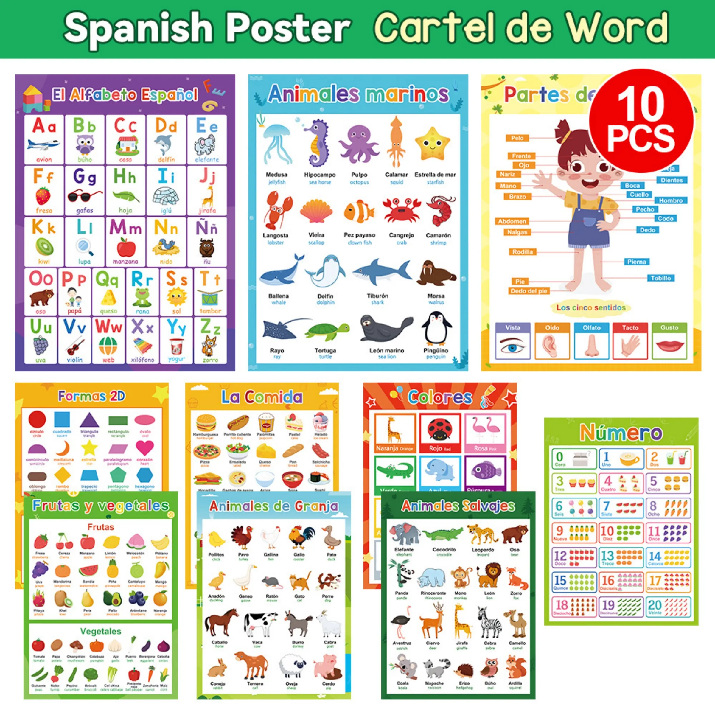 Spanish Learning Posters Set, 10 Pieces Alphabet Learning Chart Educational Wall Art Visual Learning Tools for Kids, Home Decor, Classroom Supplies & Use, Back-To-School Decoration
