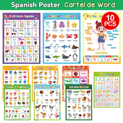 Spanish Learning Posters Set, 10 Pieces Alphabet Learning Chart Educational Wall Art Visual Learning Tools for Kids, Home Decor, Classroom Supplies & Use, Teaching Supplies, Back-To-School Decoration