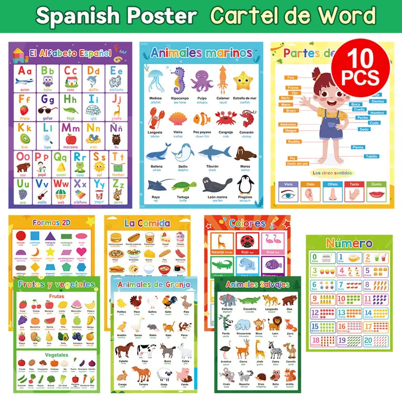 Spanish Learning Posters Set, 10 Pieces Alphabet Learning Chart Educational Wall Art Visual Learning Tools for Kids, Home Decor, Classroom Supplies & Use, Teaching Supplies, Back-To-School Decoration