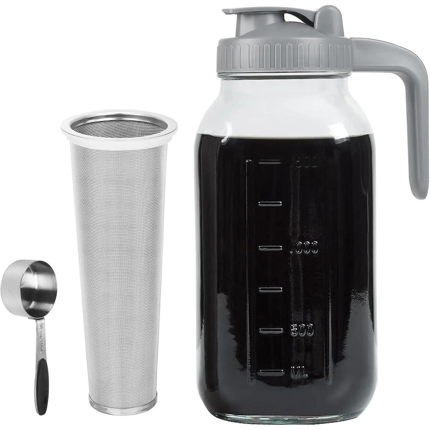 Cold Brew Coffee Maker Pitcher, 64 OZ Heavy Duty Glass Wide Mouth Mason Jar Pour Spout Airtight Lid with Stainless Steel Infuser Filter for Iced Coffee, Ice , Brewed Making