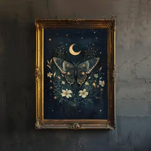 Celestial Moth Cottagecore Dark Academia Art Print, Mystical Insect Vintage Nature Poster for Living Room, Bedroom, or Gallery – 5 Size, 8x12 to 27x40 inch, Room Decor, Unframed